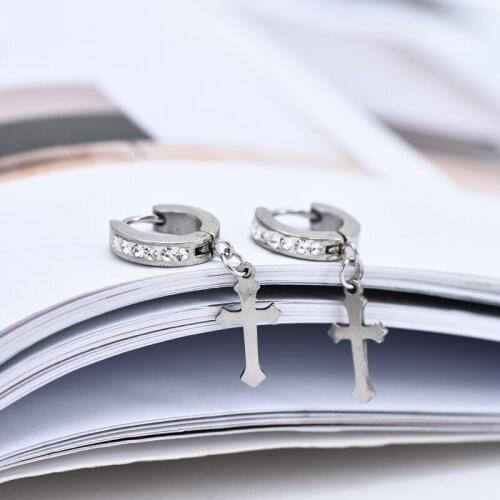 1 Pair European Circle Inlay Zircon Cross Small Hoop Earring Metal Color Punk Cool Round Charm For Women Jewelry E695-T2