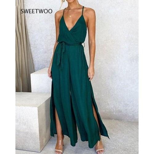 2021 Summer Wide-Leg Pants Womens Fashion Casual Solid Color V-Neck Sling Wide-Leg Side Slit Womens Jumpsuit 5 Colors 6 Yards