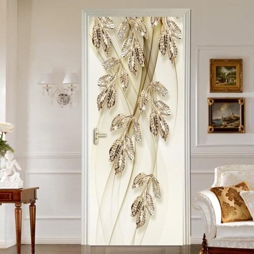 European Style 3D Golden Leaves Living Room Door Sticker Wall Papers Home Decor PVC Waterproof Self-adhesive Door Mural Stickers