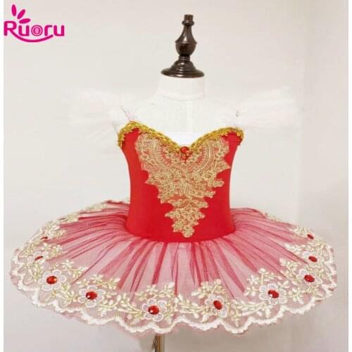 Ruoru Red Color Tutu Ballet Swan Lake Ballerina Pancake Tutu Girls Women Adult Child Ballet Dress Kids Dance Costumes Leotard