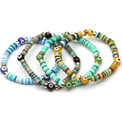 Boho Heishi Polymer Clay Disc Beads Evil Eye Stretch Bracelet Women Men 2019 New Fahion Mixed Color Turkish Eye Surf Jewelry Her