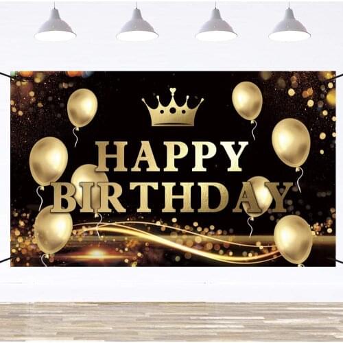 Happy Birthday Party Backdrop Banner with Gold Balloons Sign for Large Party Decorations Photo Background Black and Gold
