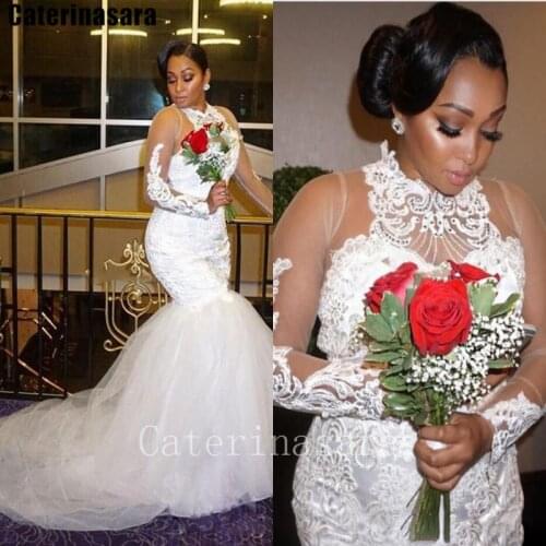 Illusion Lace High Neck Long Sleeves Wedding Dress Tulle Mermaid Bridal Gown Custom Made