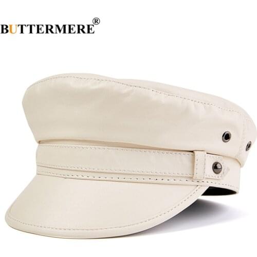 BUTTERMERE Military Hat Men Women Real Leather Sailor Cap White Black Brown Autumn Winter Male Genuine Leather Military Cap