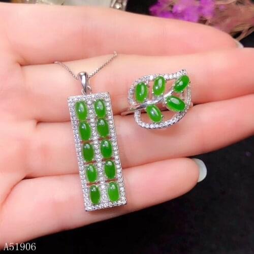 KJJEAXCMY Fine Jewelry 925 sterling silver inlaid natural Hetian jade jewelry female ring necklace pendant set support detection