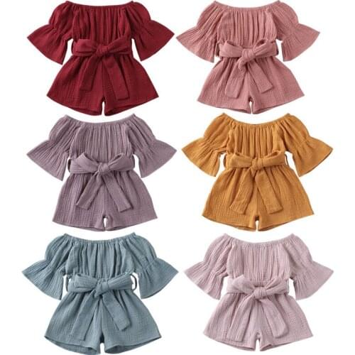 Toddler Baby Girl Fashion Solid Color Off-shoulder Rompers Jumpsuit Summer Short Sleeve Sashes Bandage Jumpsuits Shorts