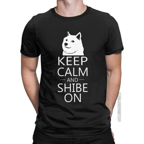 Keep Calm And Shibe On Shiba Inu Mens T Shirts Novelty Tees Classic Short Sleeve Crewneck T-Shirts Cotton Unique Clothes