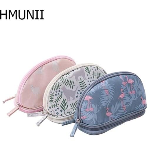 HMUNII NEW Womens Cosmetic Bag Flamingo Flower Pattern Travel Two-layer Makeup Box Organizer Cosmetic Bag Portable Toilet Bags