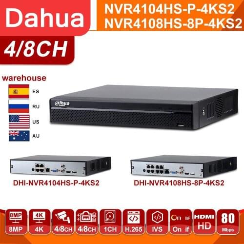 Original Dahua NVR NVR4104HS-P-4KS2 NVR4108HS-8P-4KS2 4/8 CH NVR POE 4K Network Video Recorder with IVS HD 8MP for IP Camera