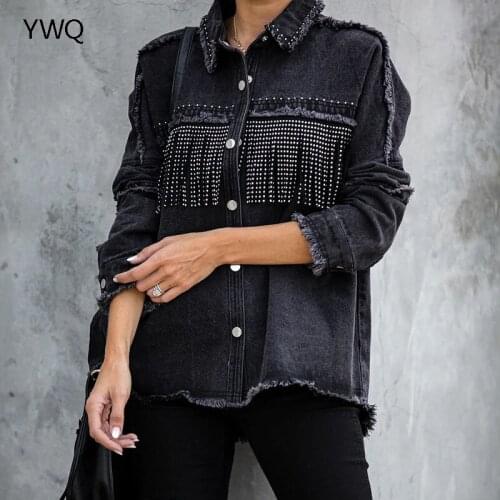 Casual Tassel Beading Burr Denim Jacket Fashion Loose Long Sleeve Outerwear Women Vintage Single Breasted Cowboy Coat For Female