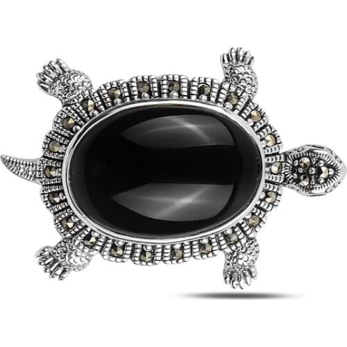 Silver 925 Sterling Turtle Natural Stone & Marcasite Brooch & Pendant