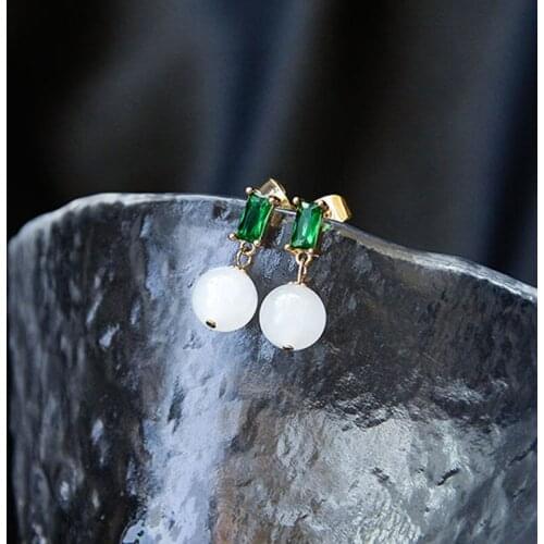 S925 Sterling Silver round Beads Stud Earrings Elegant Graceful Eardrops Natural Hetian Jade Simple Earrings Retro Hepburn Ornam