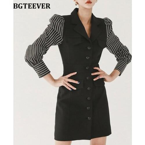 BGTEEVER Stylish Patchwork Striped Women Mini Dress Single-breasted Full Sleeve Slim Female Bodycon Dress Ladies Vestidos 2021
