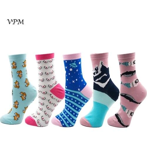 VPM Womens Socks Colorful Funny Fox Breast Mount Fuji Mermaid Universe Pattern Harajuku Sock for Girl (5 pairs / lot )