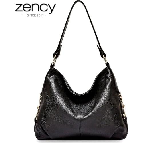 Zency New Model Women Shoulder Bag 100% Genuine Leather Handbag Classic Black Hobos Fashion Lady Crossbody Messenger Purse