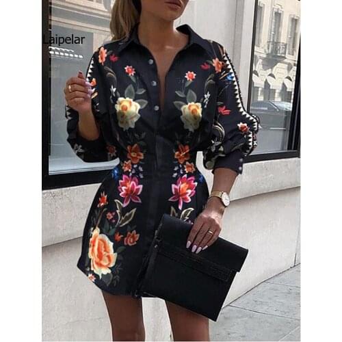 Ladies Printed Button Lapel Temperament Casual Long Shirt Autumn New Fashion Waist Shirt Polyester Lantern Sleeve Top