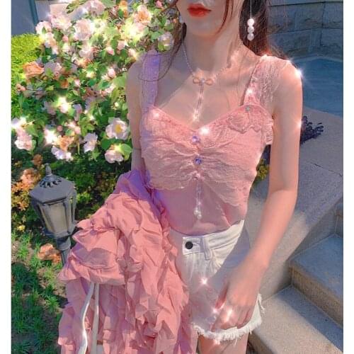 Harajuku Camisole Lace Sequin Beaded Pendant Slim Was Thin Knit Camisole Pink Small Vest Short Top 2020 Summer New Women