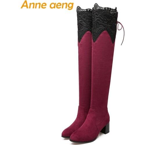 Women winter snow boots over the Knee high square heels round toe classic sexy ladies Red women winter shoes big size 33-46