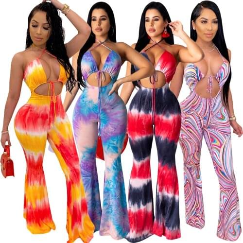 Adogirl Fashion Tie Dye Print Sexy Backless Jumpsuit Women Hollow Out Sleeveless Skinny Rompers One Piece Party Club Outfits