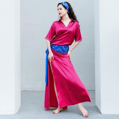 Baladi Shaabi Costume Women 4 Piece Belly Dance Robe Loose Skirt With Hair Band Hip Scarf Contrast Color Classic Team Dance Wear