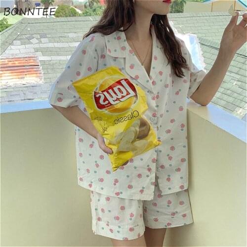 Pajama Sets Women Newest Summer Fashion Pocket Printed Fresh Womens Nightwear Loose Sweet Lovely Ulzzang Preppy Girls Sleepwear