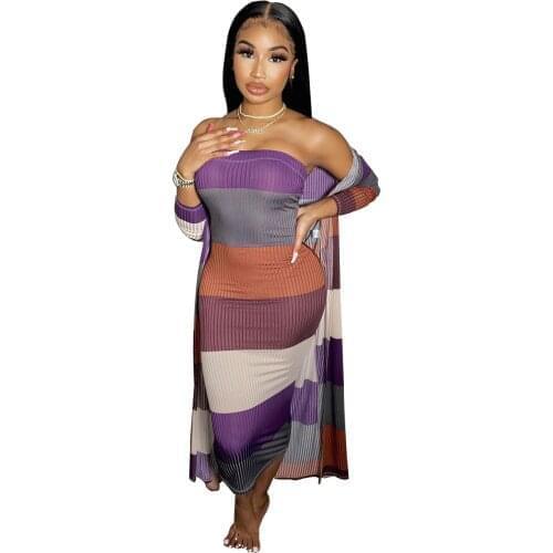 Womens Sexy Jumpsuit Fashion Hot Sale Womens Clothing Jacket Hole Striped Tube Top Skirt Outer Jacket Mid-length Style