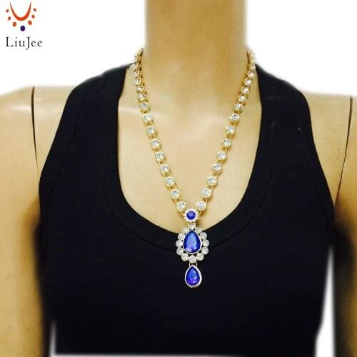 LiuJee Kundan stome Blue Waterdrop Crystal Pendant Necklaces Women Fashion Jewelry Engagement NK-206
