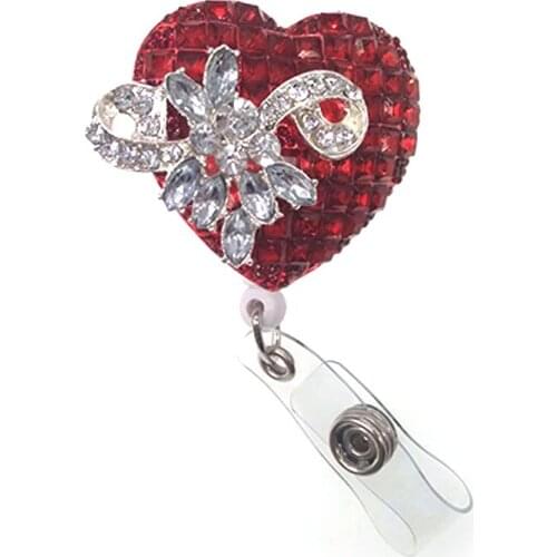 10pcs/lot silver tone sparkly crystal Acrylic red heart retractable ID badge holder reel clip for Valentines Day gift