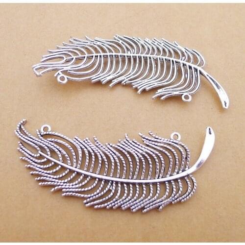 2 pieces/lot 30*74mm Antique silver color metal Hollowed-out Feather Leaf Charm Pendant Necklace Key chain Bracelet DIY Jewelry