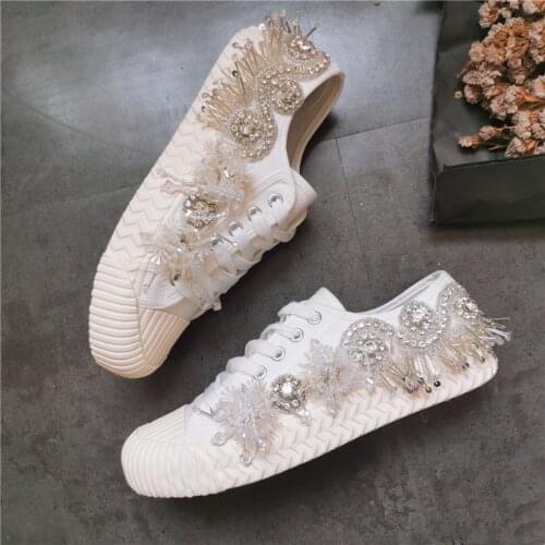 2021 new Korean style lace-up rhinestone beaded sequined low-top canvas shoes casual shell sneakers