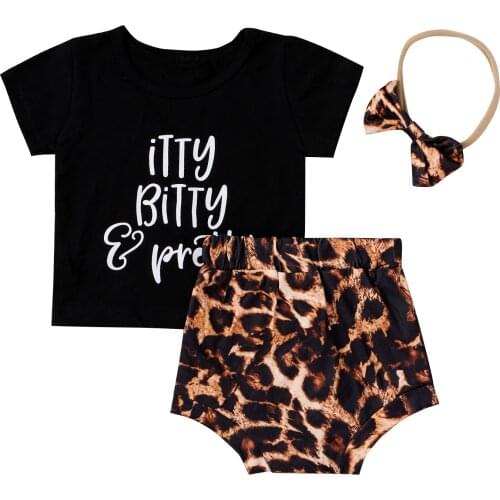 Three Piece Infant Baby Girl’s Clothes Letter Short Sleeve Tops and Leopard Triangle Shorts and Headband
