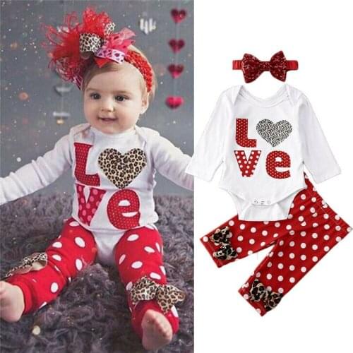 Free shipping Newborn kids Baby Girl Clothes Polka Dot Pants bow sequin Headband LOVE print short sleeve round neck Bodysuit 3pc