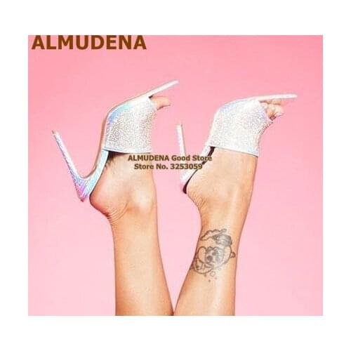 ALMUDENA Hologram Iridescent Snakeskin High Heel Slippers Bling Bling Crystal Sandals Pointed Toe Rhinestone Wedding Dress Shoes
