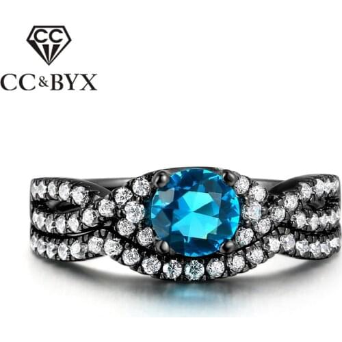 CC Jewelry Fashion Rings For Women Luxury Jewelry Double Blue Round Stone Black Gold-Color Ring Accessories Bijoux CC1198