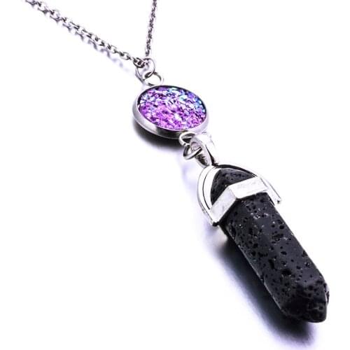 Resin Drusy Druzy Natural Stone Hexagonal Prism Black Lava Stone Aromatherapy Essential Oil Perfume Diffuser Necklace Jewelry