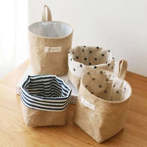 Jute Cotton Linen Bag Desktop Storage Basket Hanging Pocket Small Sack Sundries Storage Box With Handle Cosmetic Bag MUMR999
