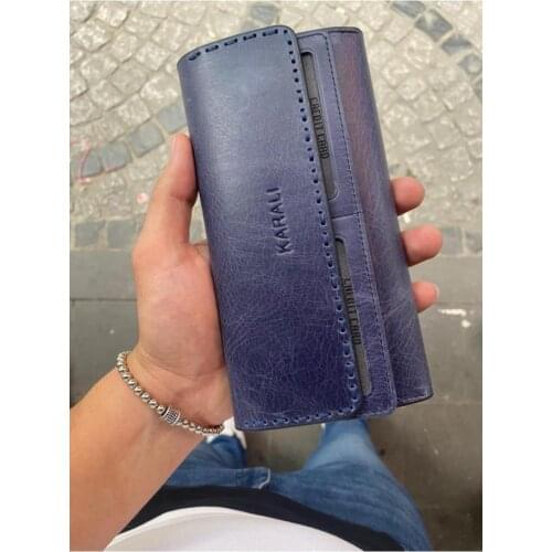 Karali Leather Phone Compartment Magnetic Crazy Navy Blue Genuine Leather Wallet-zircon Bracelet Gift