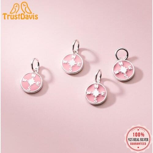 TrustDavis 2021 Real 925 Sterling Silver Fashion Sweet Pink Glaze Compass Charm Pendant Handmade DIY Accessories Jewelry DZ92