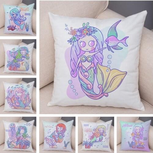 Cute Mermaid Cartoon Girl Cushion Cover for Children Room Sofa Home Car Decor Lovely Child Pillow Case Plush Pillowcase 45x45cm