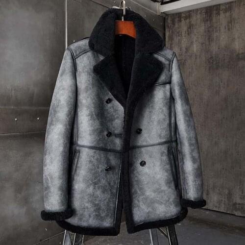 2020 New Mens Shearling Coat Long Fur Jacket Grey Leather Jacket B3 Hunting Jacket Mens Winter Coats Sheepskin Coat