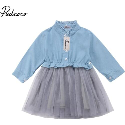2018 Brand New 1-6Y Toddler Baby Kids Girls Dress Long Sleeve Ruched Lace Patchwork Denim Color Chiffon Tutu Dress Outfit 1-6Y