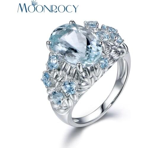 MOONROCY Cubic Zirconia Oval Blue Crystal Wedding Rings Silver Color Jewelry Wholesale for Women Girls Gift Drop Shipping