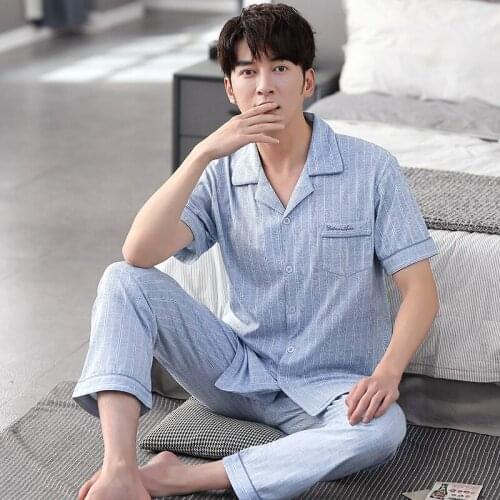 Men Summer Lounge Pajamas Sets Sexy Notched Cotton Pyjamas 2PCS Short Shirt&Pant Sleep Suit Nightwear Underwear Home Sleepwear