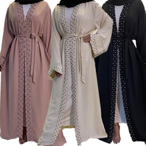Dubai Open Abaya Muslim Women Beads Long Maxi Dress Kimono Cardigan Turkish Kaftan Robe Party Ramadan Jilbab Islamic Middle East