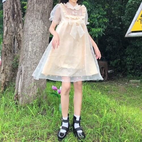 Peach Series De-Lovely Midi Dress Women Summer 2020 New Style Sweet Stitching Mesh Bow princess lolita dress fairy kei