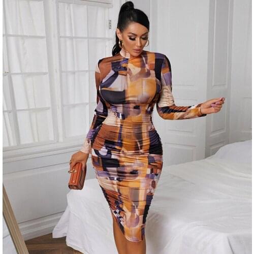 Dress sexy pleated mid-length dress tie-dye printed half-high collar female tight-fitting high elastic autumn long-sleeved party