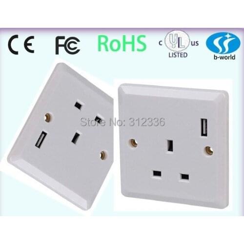 Free Shipping UK type three circle Holes 250V 13A one USB DC 5V 1000mA white panel wall Socket uk style