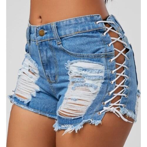 Sexy Women Denim Shorts 2020 Summer New Black Blue High Waist Ripped Short Casual Jeans Tassel Lace Up Bandage Hotpants