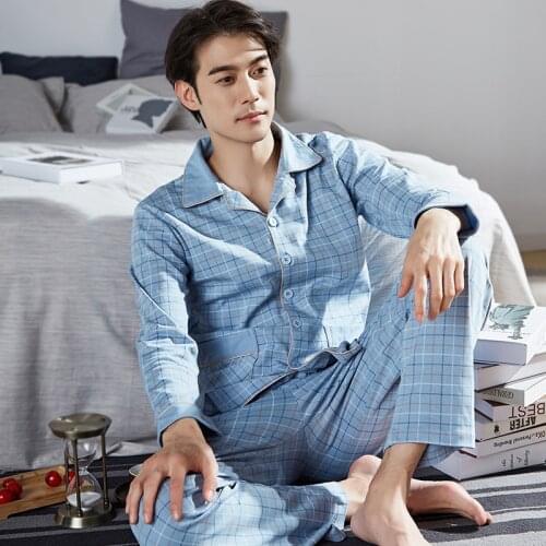 Spring Mens Sleepwear 100% Cotton Pajama Winter pijama hombre Mens Nightwear Plaid Sleepwear Sleep&Lounge Pyjamas Plus Size