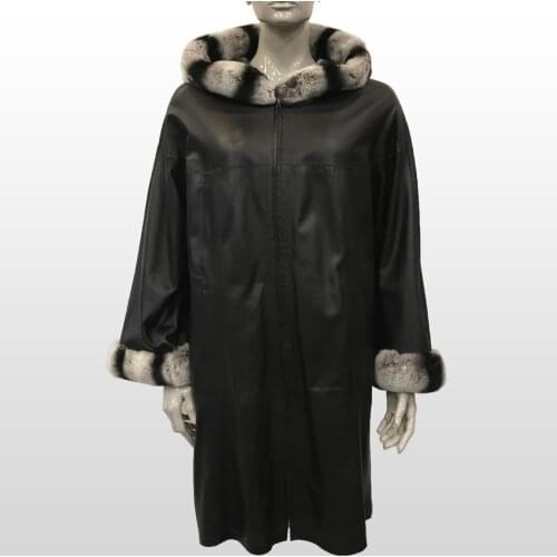 Womens Genuine Leather Black Jacket Real Sheepskin Rex Fur Hooded And Cuff Casual Double Sided Plus Size Waterproof Naturel